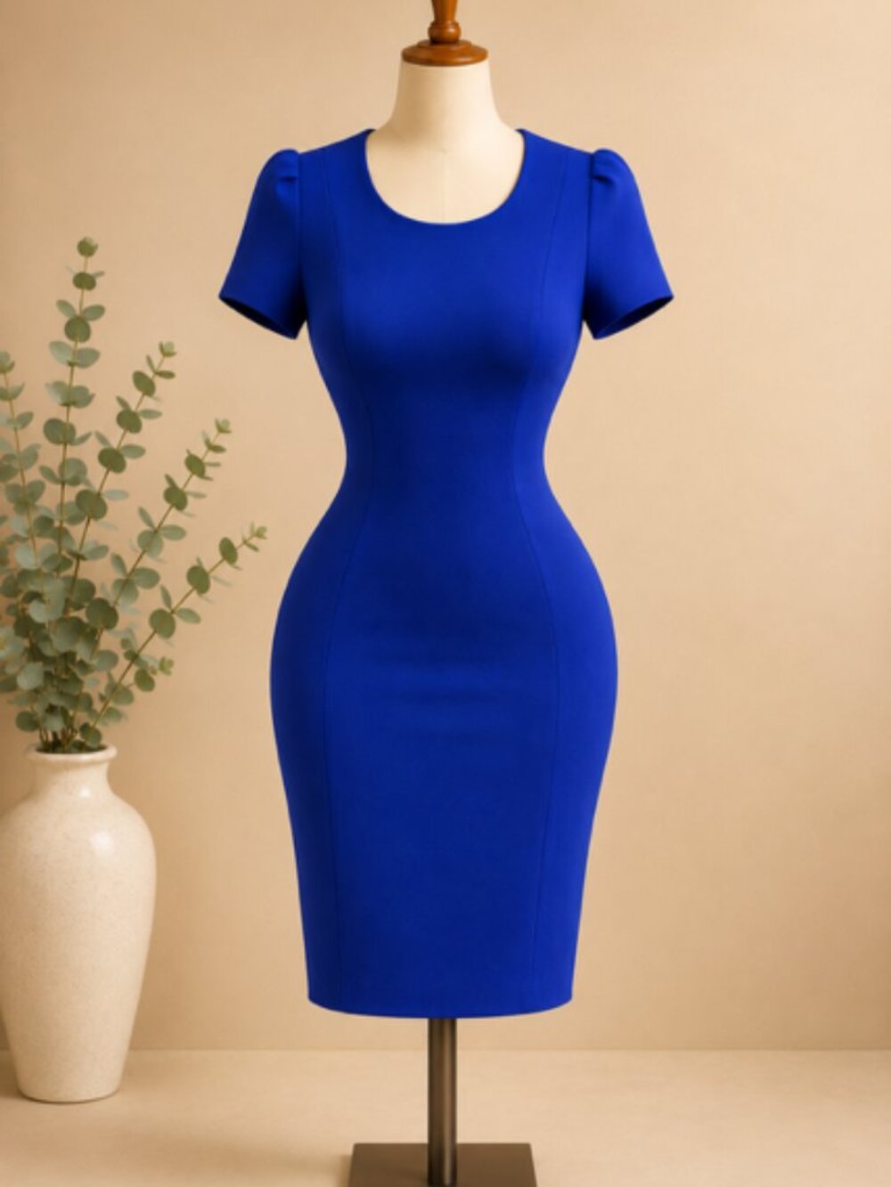 Calvin Klein Cobalt Blue Puff Sleeve Sheath Dress Gold Zip Size 6